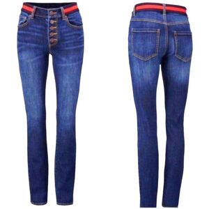 CAbi Jeans 3751 Button Fly High Rise Simone Skinny Dark Blue Red Stretch Denim 2